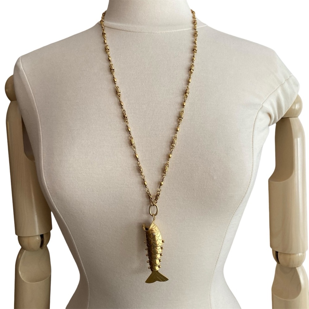 BRINKER + ELIZA | ‘Tall Tale` Fish Necklace 24K Antique Gold Plated Handmade - Picture 2 of 7